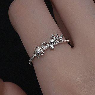 Cat & Flower Rhinestone Alloy Open Ring Silver - One Size