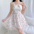 Sleeveless Bow Accent Strawberry Print Mesh Panel Mini Dress
