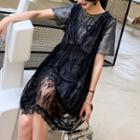 Set: Lettering Short-sleeve T-shirt + Sleeveless Lace Dress