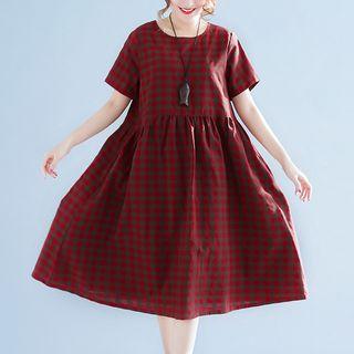 Plaid Short-sleeve Midi Dress