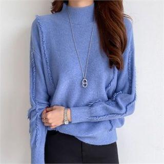 Mock-neck Fringe-trim Knit Top
