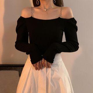 Long-sleeve Off-shoulder Plain Camisole Top Black - One Size
