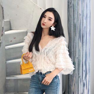 Elbow-sleeve Frill Trim V-neck Chiffon Top