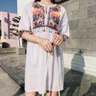 Elbow-sleeve Embroidered Tunic Dress