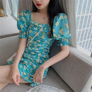 Puff-sleeve Off-shoulder Floral Print Mini Bodycon Dress