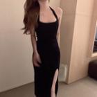 Halter-neck Plain Midi Dress Black - One Size