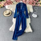 Long-sleeve Denim Straight Leg Jumpsuit