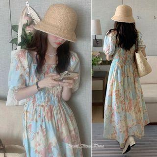 Short-sleeve Floral A-line Maxi Dress Blue & Pink - One Size