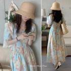 Short-sleeve Floral A-line Maxi Dress Blue & Pink - One Size