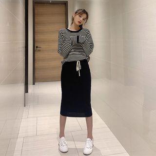 Set: Knit Striped Long-sleeve Oversize Top + Drawstring Midi Straight-fit Skirt