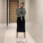 Set: Knit Striped Long-sleeve Oversize Top + Drawstring Midi Straight-fit Skirt