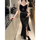 Sleeveless Lace Slim-fit Halter Top / High-waist Frayed Denim Midi Skirt