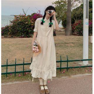 Elbow-sleeve Plain A-line Midi Dress Almond - One Size