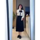Long-sleeve Two-tone Top / Midi A-line Skirt / Set