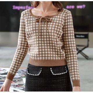 Long-sleeve Tie-neck Knit Sweater Coffee - One Size