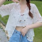Floral Embroidered Knit Crop Camisole Top / Short-sleeve Cardigan
