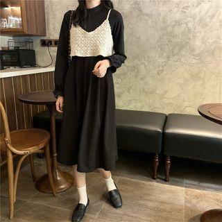 Gather-cuff Mock Neck Plain Midi Dress
