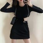 Long-sleeve Cutout Chained Mini Bodycon Dress Black - One Size