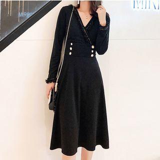 Long-sleeve V-neck Midi A-line Velvet Dress