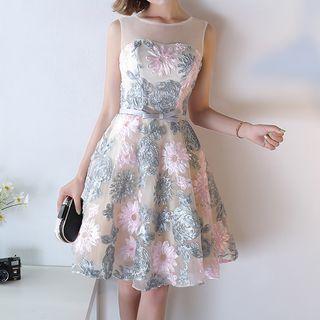Mesh Panel Floral Print Sleeveless Dress