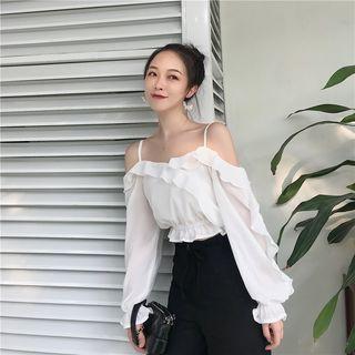 Plain Ruffle Off-shoulder Long-sleeve Top
