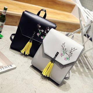 Tasseled Faux-leather Embroidered Backpack
