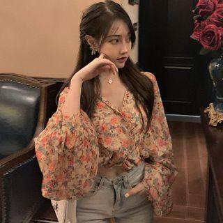 V-neck Floral Chiffon Blouse Almond - One Size