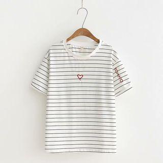 Short-sleeve Striped Embroidered Heart T-shirt