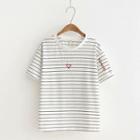 Short-sleeve Striped Embroidered Heart T-shirt