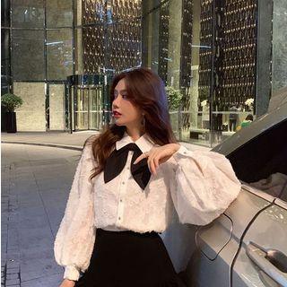 Set: Lantern-sleeve Bow Accent Blouse + Mini A-line Skirt