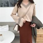 Bell-sleeve V-neck Sweater Almond - One Size