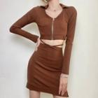 Set: Long-sleeve Collared Zipped Cropped T-shirt + Mini Pencil Skirt