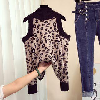 Mock Turtleneck Leopard Print Cold-shoulder Sweater