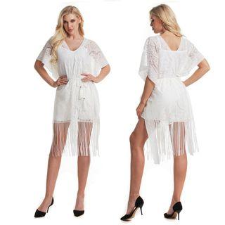 Set: Short-sleeve Fringed Lace Dress + Slipdress