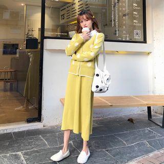 Set: Polka-dot Knit Cardigan + A-line Skirt