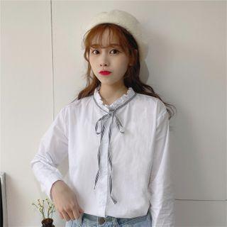 Frill Trim Stand Collar Long-sleeve Blouse White - One Size