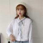 Frill Trim Stand Collar Long-sleeve Blouse White - One Size
