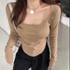 Long-sleeve U-neck Plain Asymmetric Hem T-shirt