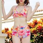 Set: Floral Print Bell-sleeve Cover-up + Bikini