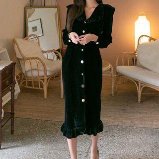Long-sleeve Velvet Midi Ruffle-hem Sheath Dress