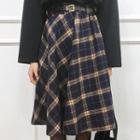 Band-waist Plaid Flare Skirt With Belt