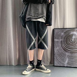 Drawstring-waist Cross Panel Denim Straight-cut Shorts