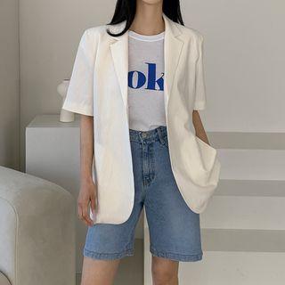 Elbow-sleeve Snap-button Blazer With Sash