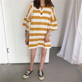 Striped Elbow-sleeve Long Polo Shirt