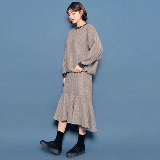 Set: Round-neck Herringbone Top + Band-waist Ruffle-hem Midi Skirt