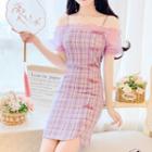Short-sleeve Cold Shoulder Plaid Frog-buttoned Mini Bodycon Dress