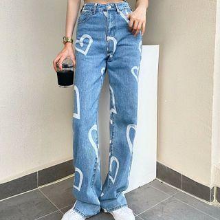 Heart Printed High-waist Straight Leg Jeans