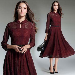 Long-sleeved Tie-waist A-line Plain Lace Long Dress