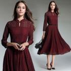Long-sleeved Tie-waist A-line Plain Lace Long Dress