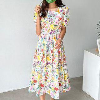 Square-neck Tiered Floral Long Dress White - One Size